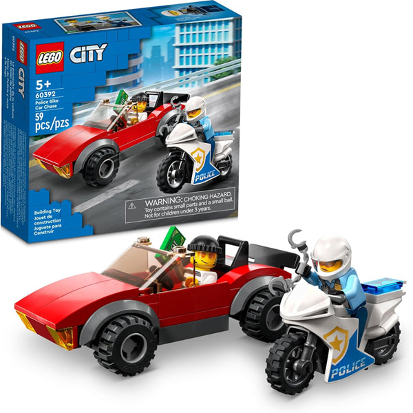 Join the action with LEGO City Police Bike Car Chase Racing Vehicle & Motorbike 60392 by LEGO, featuring a red sports car, police bike, two minifigures, and the box in the background.